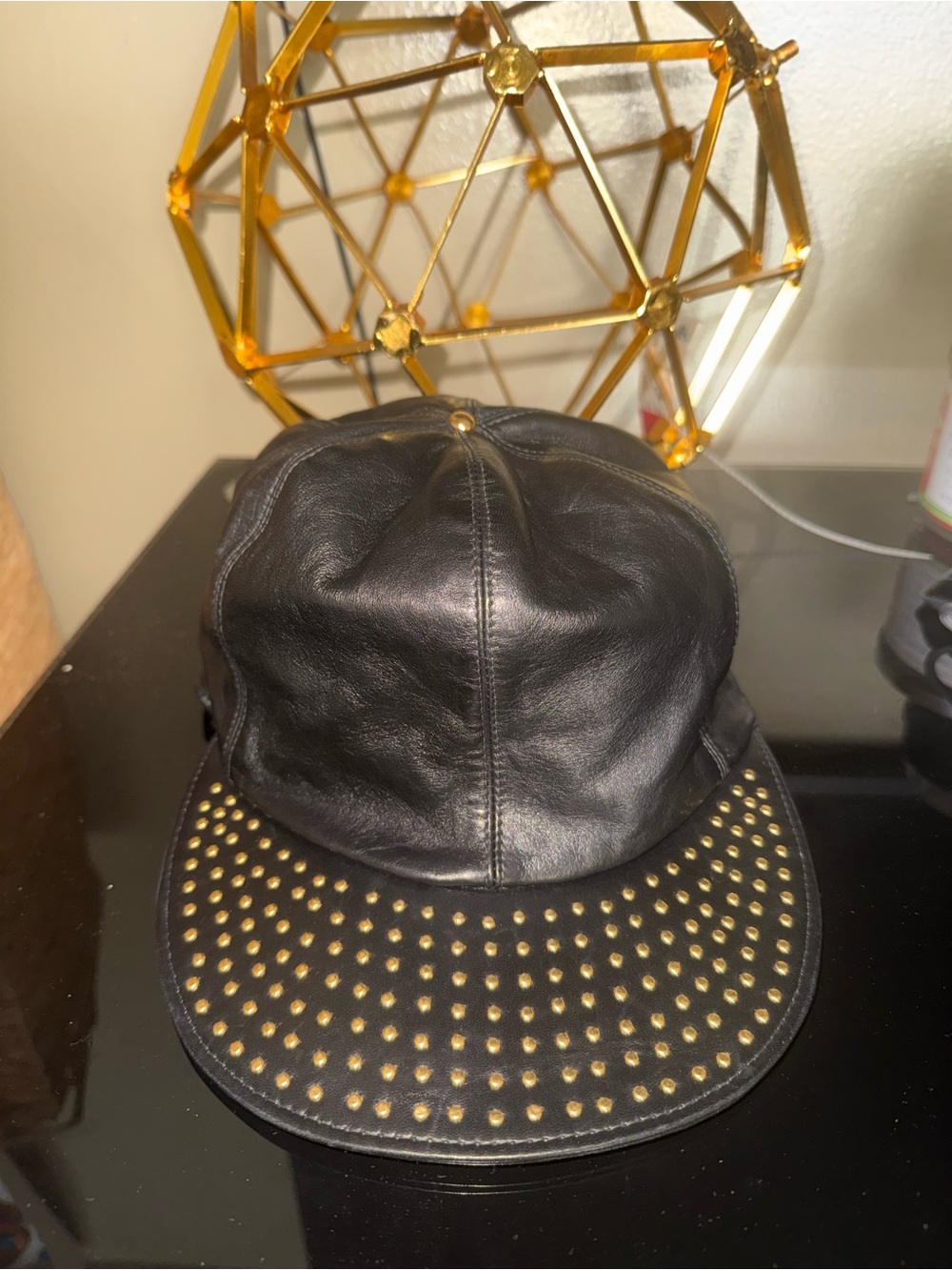 Black Leather Studded Women's Hat - Gold Stud Accent
